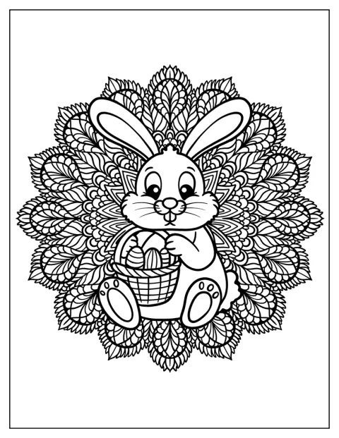 Um coelho fofo ocupa o centro de uma mandala de Páscoa com motivos florais.