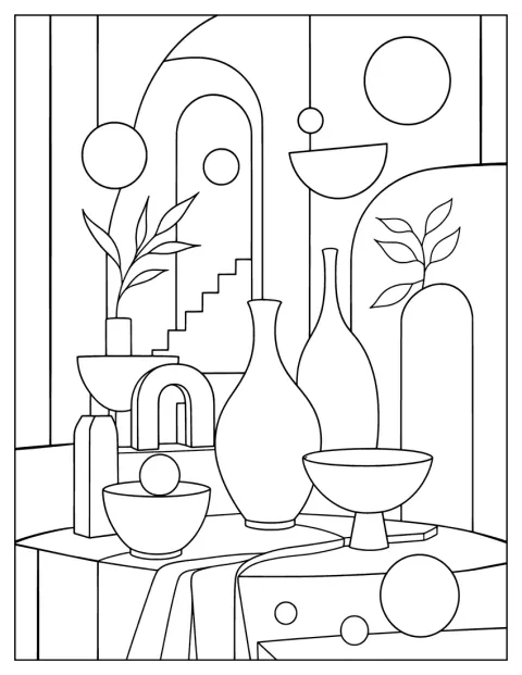 Vasos com plantas estão agrupados entre formas geométricas numa composição moderna.