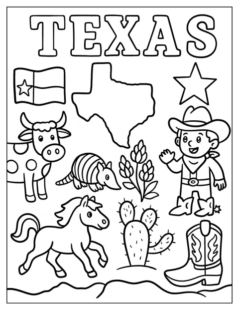 Un armadillo, un vaquero y un cactus representan algunos símbolos de Texas.