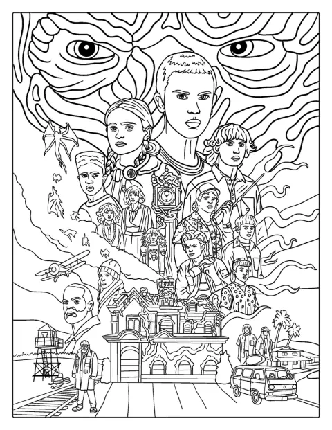 Ein Poster zu Stranger Things zeigt die Figuren und die geheimnisvolle Atmosphäre der Serie.