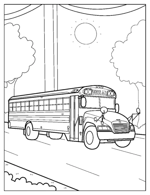 窓や車輪などが細かく描かれたスクールバスです。