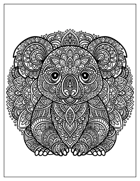 Un koala détaillé est orné de motifs floraux en forme de mandala.