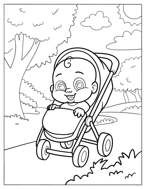 Um bebé está sentado num carrinho de passeio.