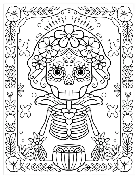 Uma caveira mexicana inspirada na Branca de Neve apresenta motivos decorativos.