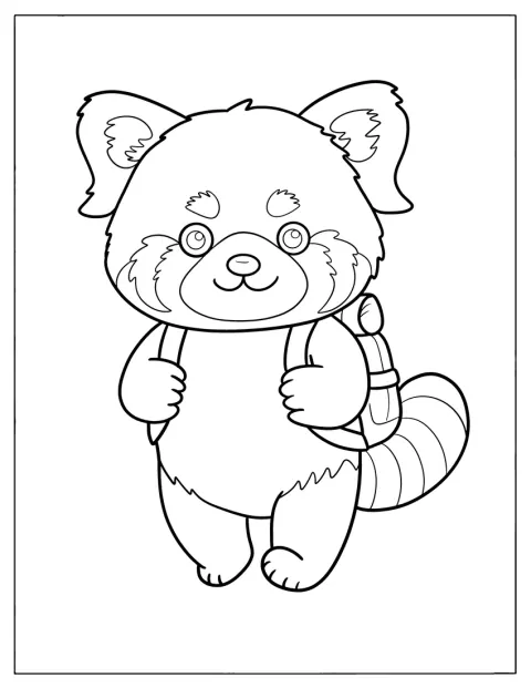 Panda červená kráčí s batohem na zádech.