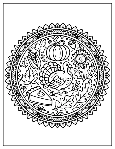 Un tacchino, il raccolto autunnale e le foglie formano un mandala decorativo.
