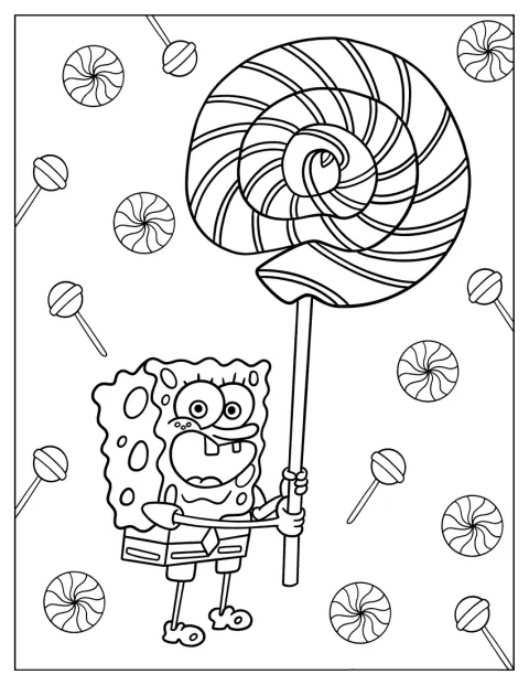 Bob Esponja sostiene un chupachups en la mano.