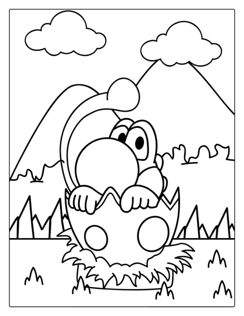 Yoshi fa capolino da un uovo appena schiuso.
