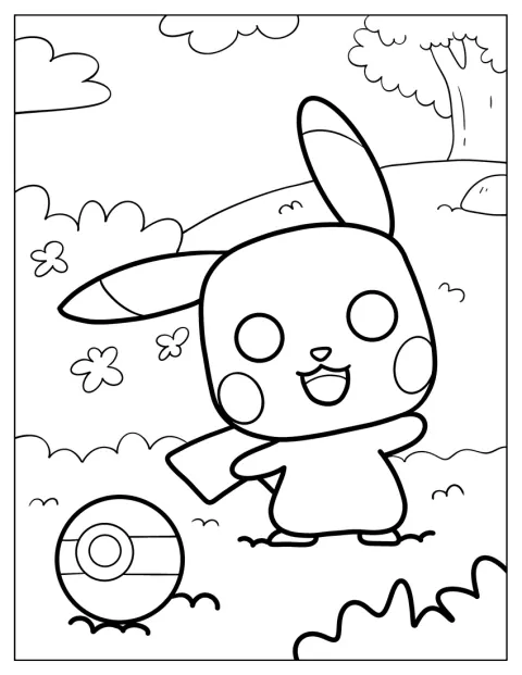 Pikachu står ved siden af en Poké Ball.