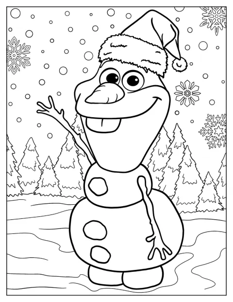 Disney Christmas Coloring Page Of Cute Olaf Waving In Snowy Christmas Landscape