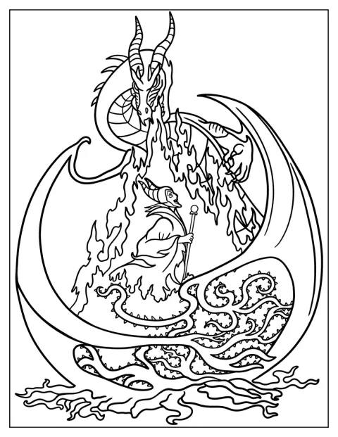 Ein feuerspeiender Drache steht neben Maleficent, die von Dornen umgeben ist.