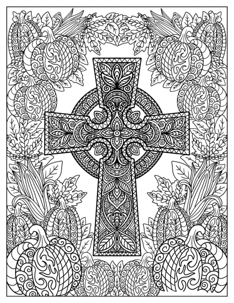 Une croix entourée de citrouilles et de courges compose un mandala détaillé.