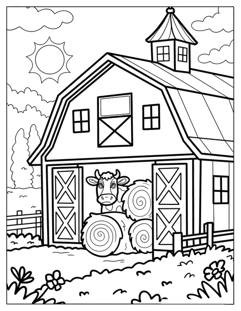 Una vaca asoma la cabeza desde un granero rodeado de pacas de heno.
