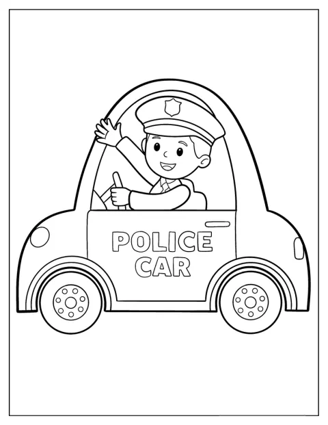 Un agente saluda desde el interior de un simpático coche de policía.