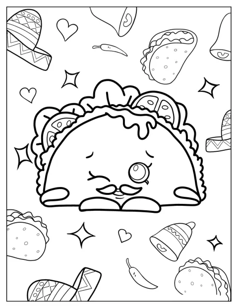 Un taco in stile kawaii sfoggia un paio di baffi.