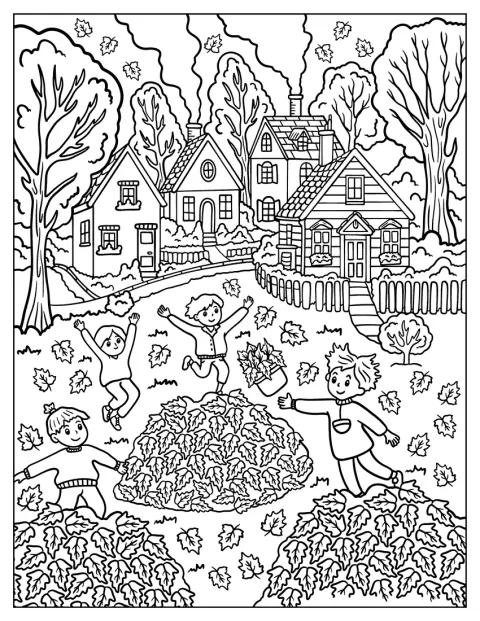 Kids Jumping Into Leaf Piles In A Cozy Autumn Neighborhood Coloring Page