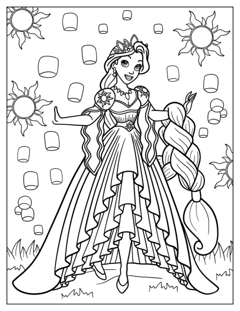 La princesse Raiponce se tient devant un ciel illuminé de lanternes.