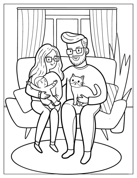 Une famille et son bébé sont assis sur un canapé avec leur chat.