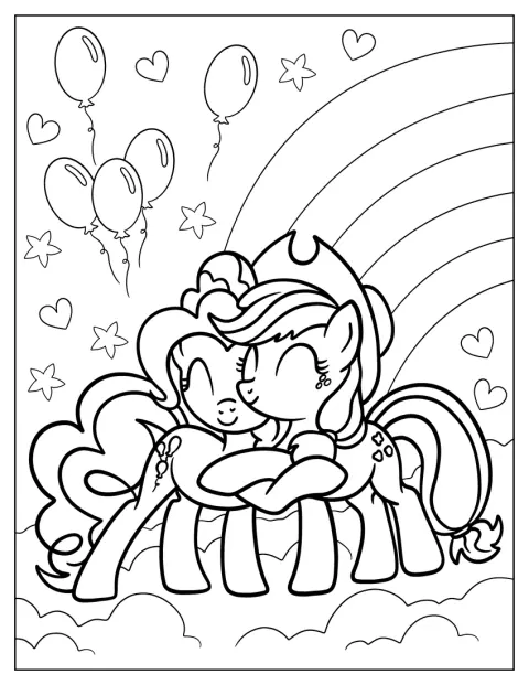 Op een wolk omhelzen Pinkie Pie en Applejack elkaar.