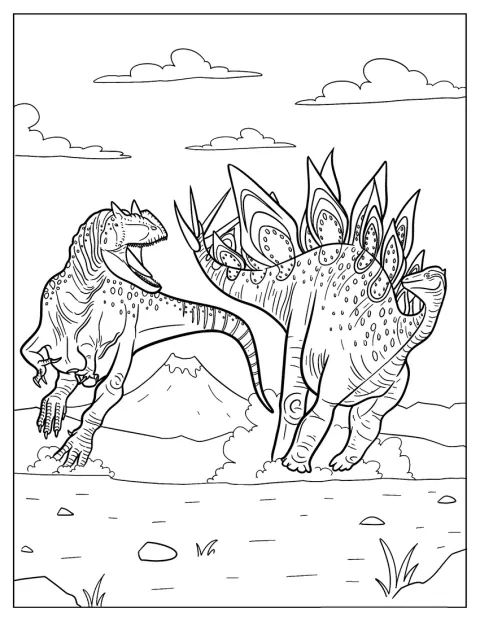 Ein Stegosaurus und ein Allosaurus stehen sich im Kampf gegenüber.