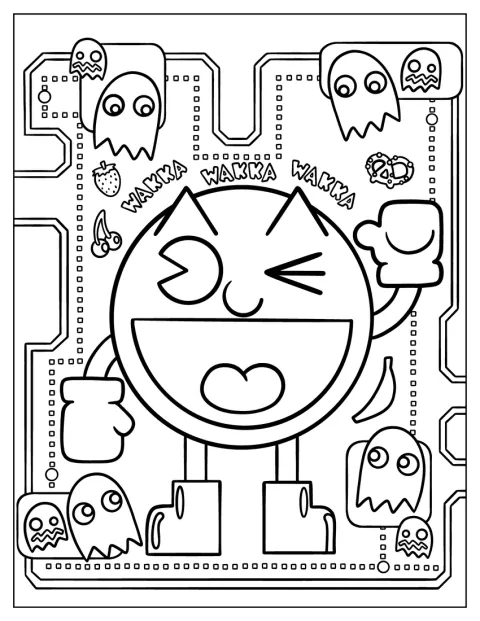 Pac-Man guiña un ojo con gesto triunfal y varios fantasmas detrás.
