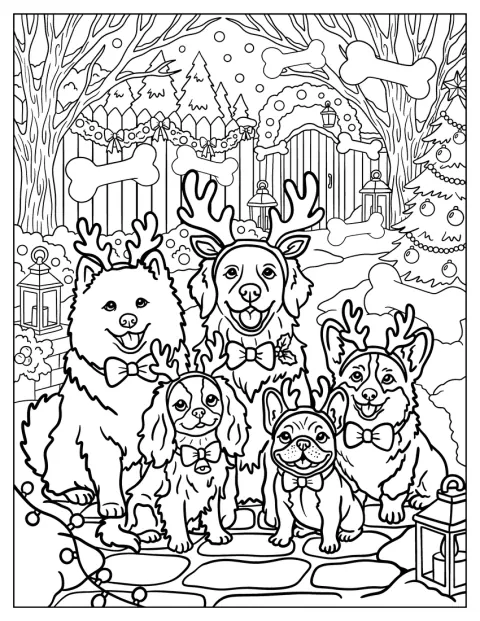 Um grupo de cães alegres usa hastes de rena numa cena de Natal.
