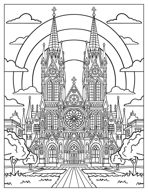 Un arc-en-ciel apparaît au-dessus d’une cathédrale gothique aux deux flèches élancées.