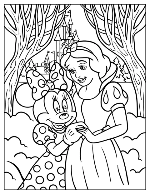 Minnie Mouse giver Snehvide et varmt kram.