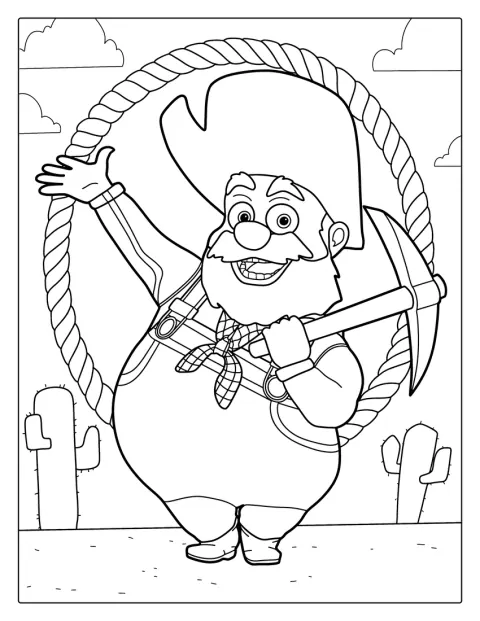 Stinky Pete, az aranyásó kalapban és mellényben áll.