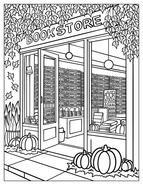 本が並ぶ本屋に、かぼちゃと垂れ下がるツタが飾られています。