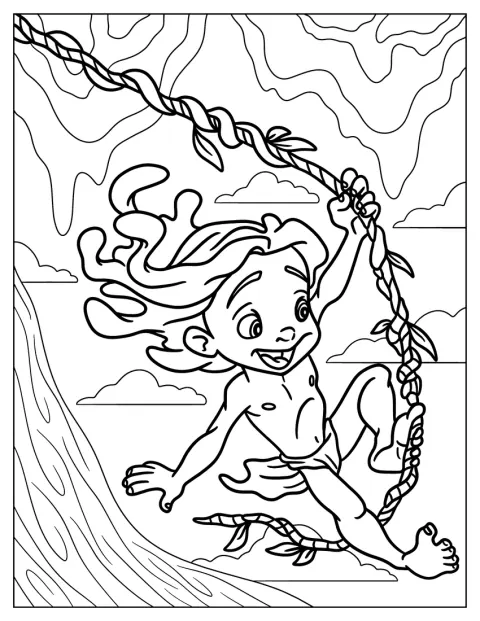 An Lianen schwingt der junge Tarzan durch den Dschungel.
