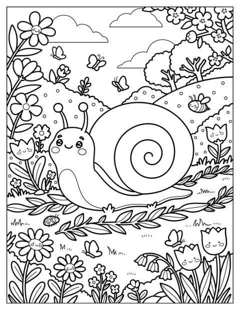 En snigel kryper genom blommorna på en våräng.