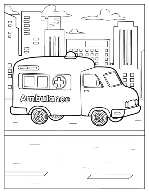 Uma ambulância desenhada em estilo de cartoon circula pela cidade.