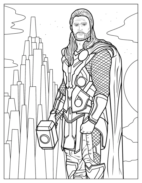 Thor houdt zijn hamer vast in een gedetailleerde afbeelding.