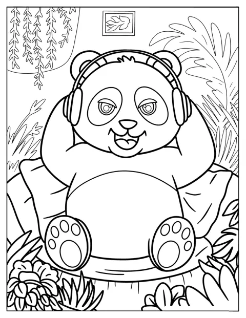 En panda lytter til musikk med hodetelefoner i hagen.