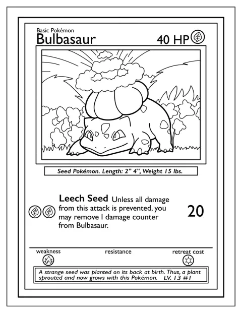 A Pokémon-kártyán Bulbasaur Leech Seed támadása látható.