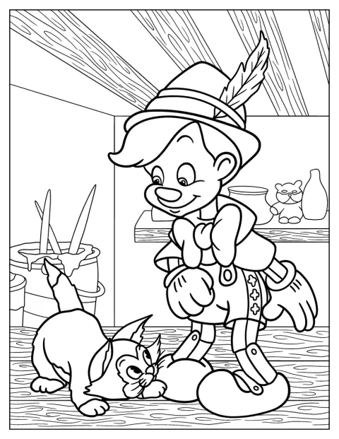 In Geppettos Werkstatt spielt Figaro mit der Marionette Pinocchio.