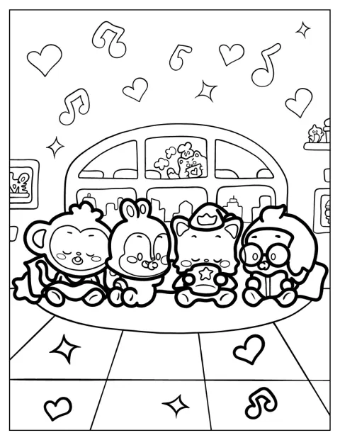 Poki, Jeni, Hogi a Pinkfong jsou spolu v roztomilém chibi stylu.