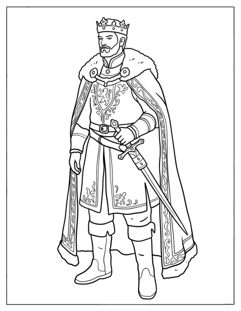 Un principe con la corona indossa un mantello regale e impugna una spada.