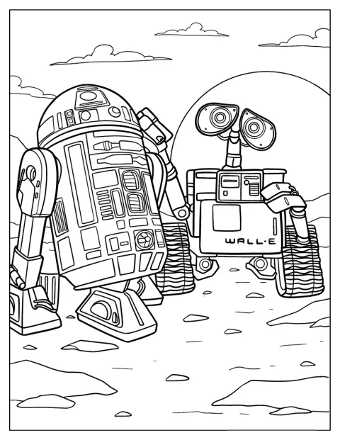 R2-D2 och WALL·E står tillsammans på månytan.