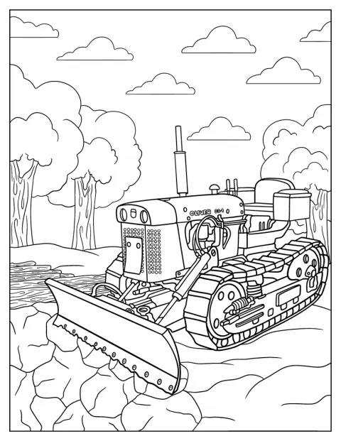 Realistyczny spychacz Oliver Caterpillar stoi na gąsienicach.