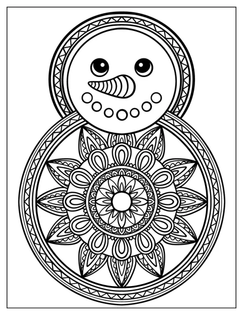 En snögubbe omges av detaljerade julmönster i en rund mandala.