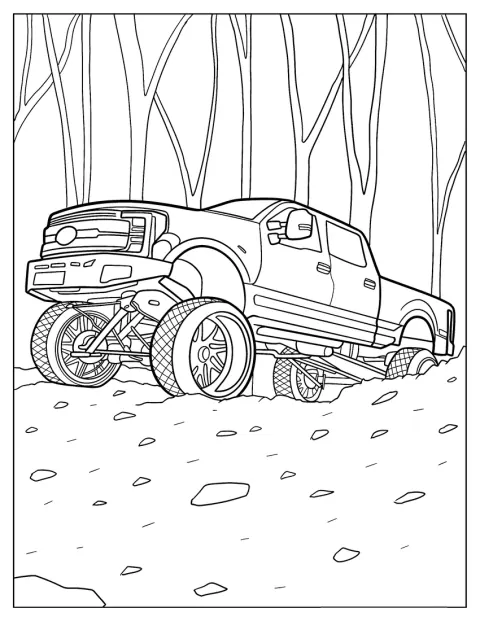 Un camion Ford surélevé roule hors des sentiers, parmi les arbres.