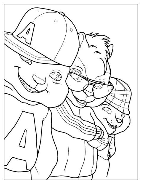 Alvin, Simon en Theodore glimlachen samen van dichtbij.