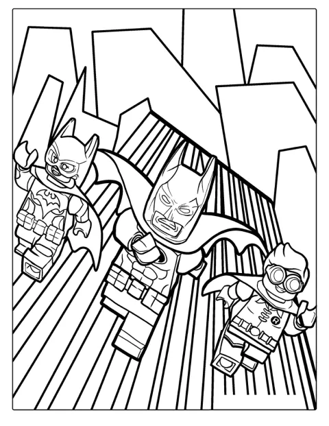 Batman, Batgirl y Robin, construidos con piezas LEGO, posan juntos.