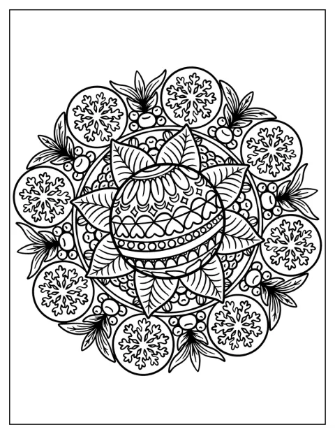Des boules de Noël et des branches de gui s’entrelacent dans ce mandala.