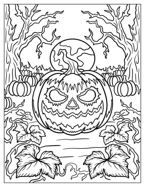 Una calabaza de Halloween malvada destaca en un huerto encantado.