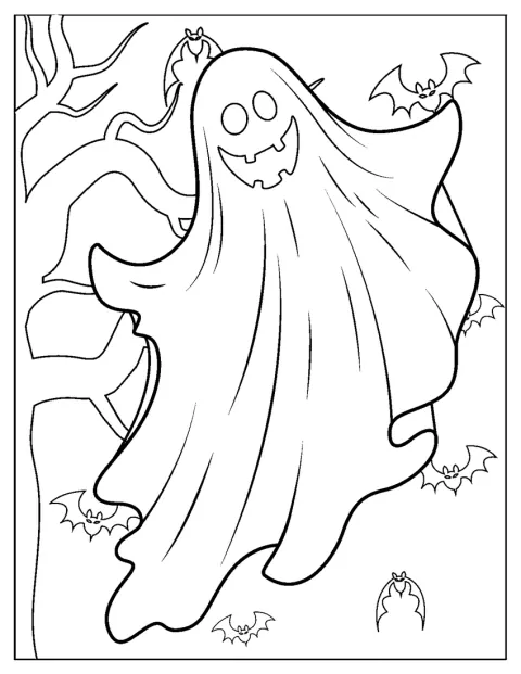 Duch se vznáší jako strašidelná halloweenská postava.