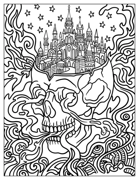 Un castillo y nubes de humo aparecen junto a una calavera.