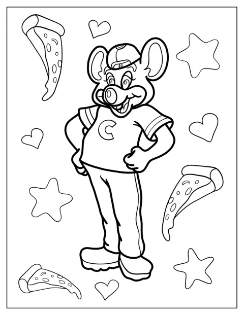 În fața unui fundal cu pizza, Chuck E. Cheese stă zâmbitor.